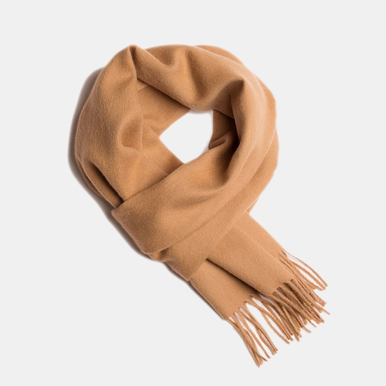 7. Milk coffee Alpaka baby alpaca wool scarf with fringe detail in flat lay