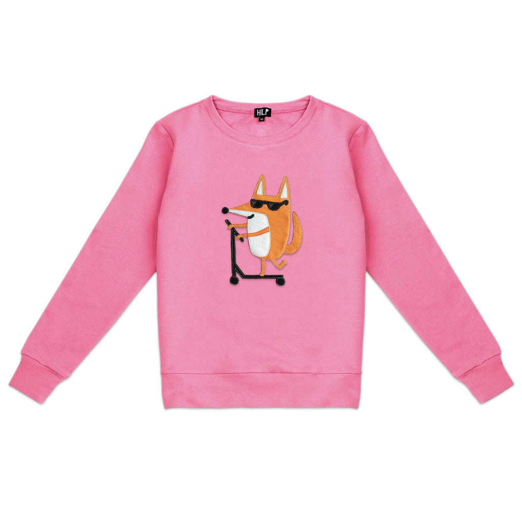 2. Women's pink Scootering Fox sweatshirt by HILP with a fun fox design, displayed in studio setting