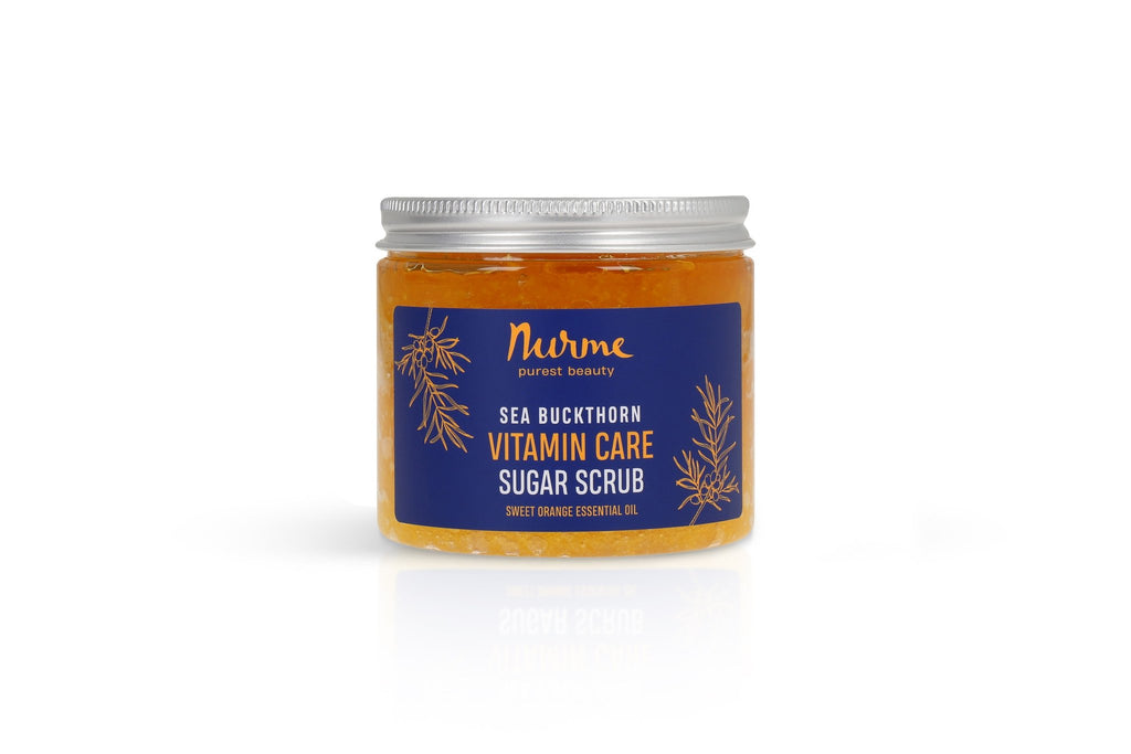 2. Nurme Sea Buckthorn & Orange Sugar Scrub jar with blue label on white background