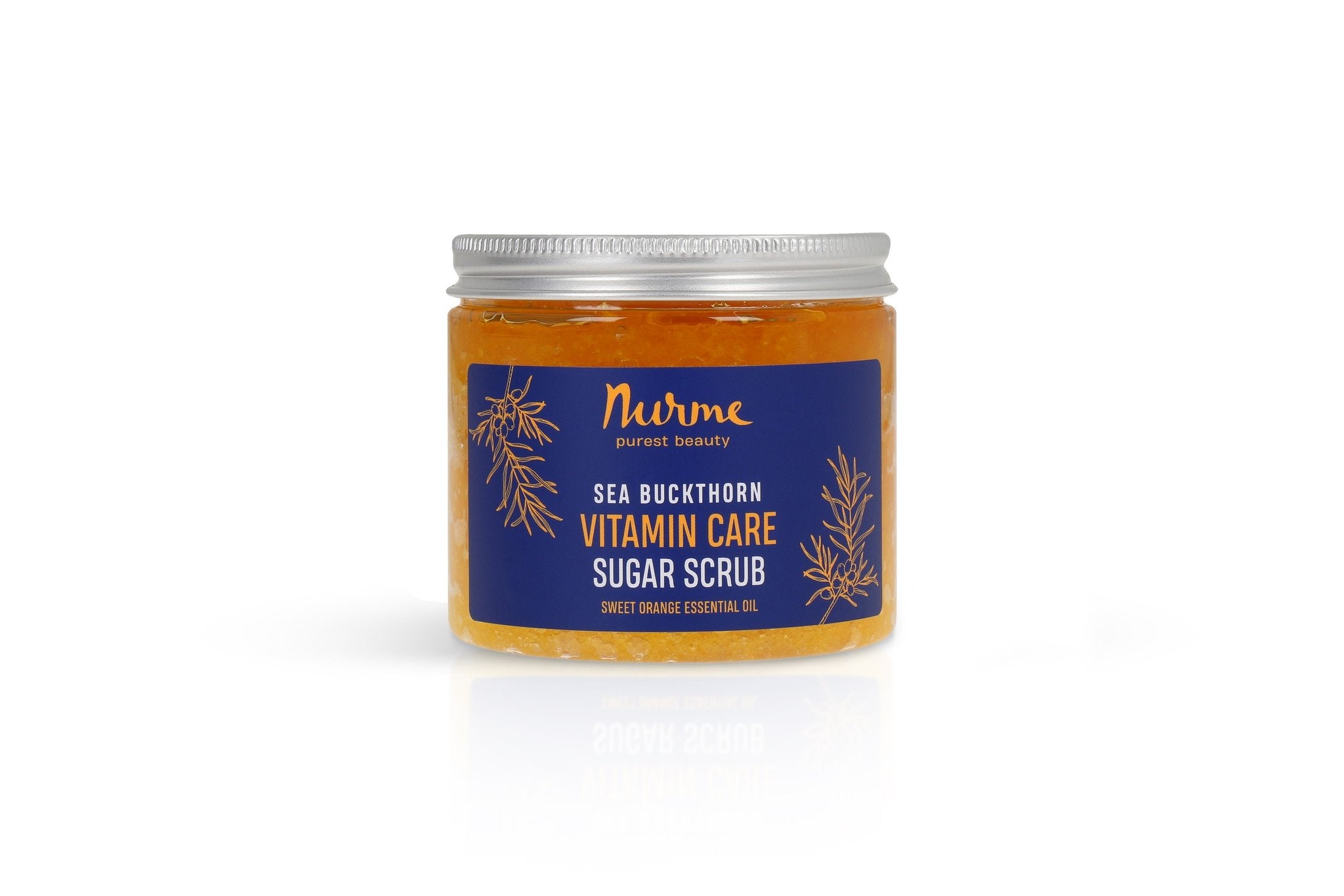 2. Nurme Sea Buckthorn & Orange Sugar Scrub jar with blue label on white background