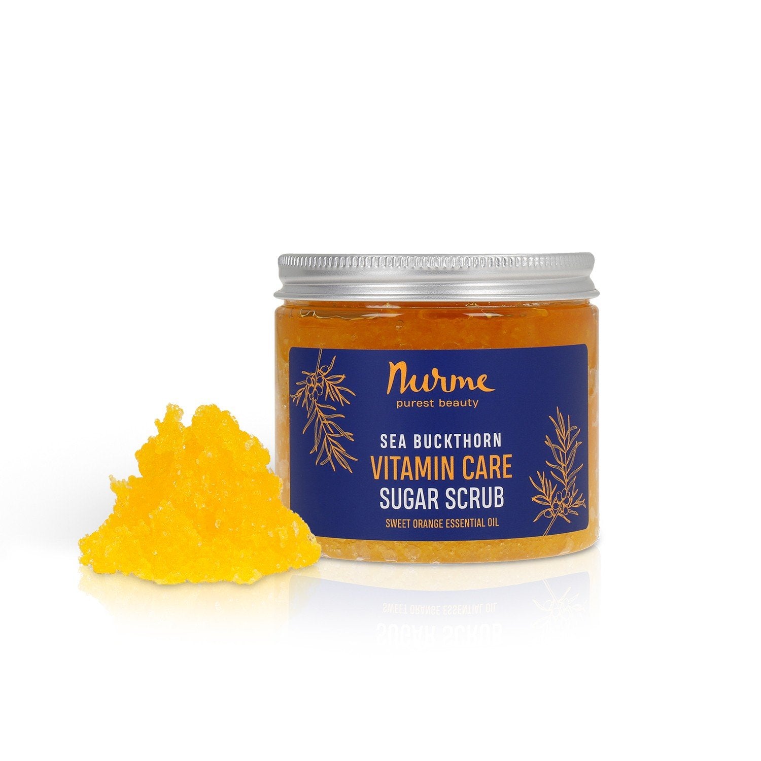 1. Nurme Sea Buckthorn & Orange Sugar Scrub jar with vibrant orange scrub beside it on white background
