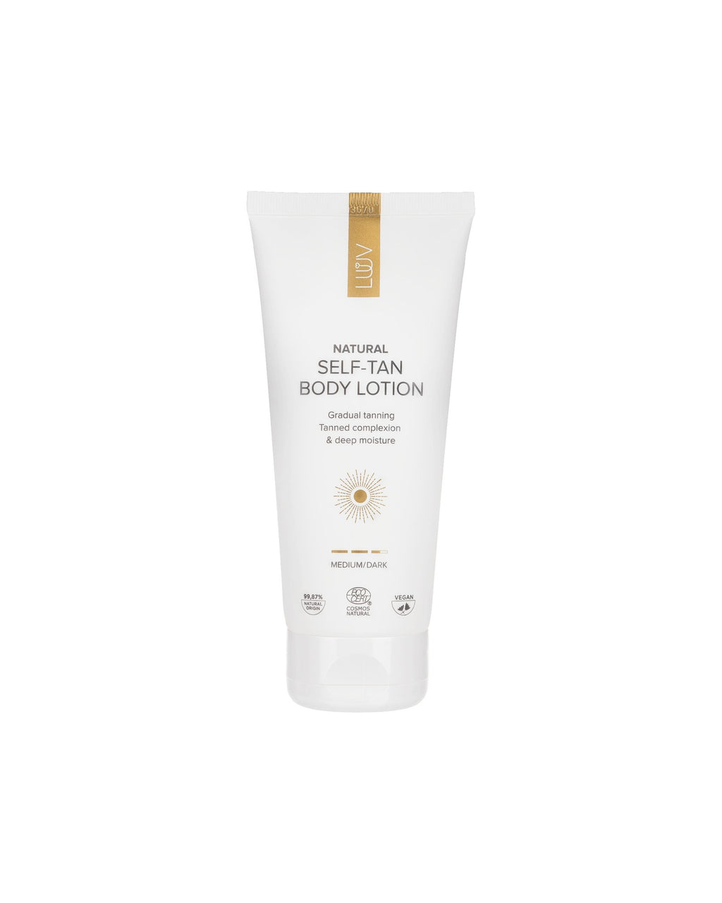 2. Studio image of LUUV Self-Tanning Body Lotion Medium/Dark, 200ml, with ECOCERT/COSMOS certification