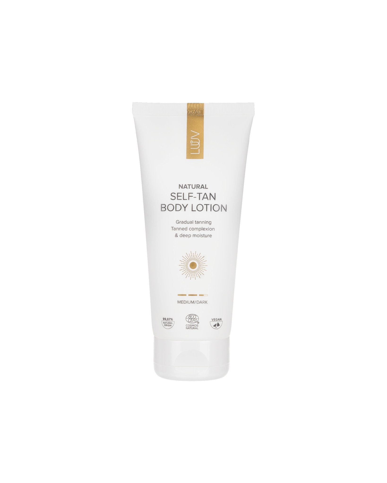 2. Studio image of LUUV Self-Tanning Body Lotion Medium/Dark, 200ml, with ECOCERT/COSMOS certification