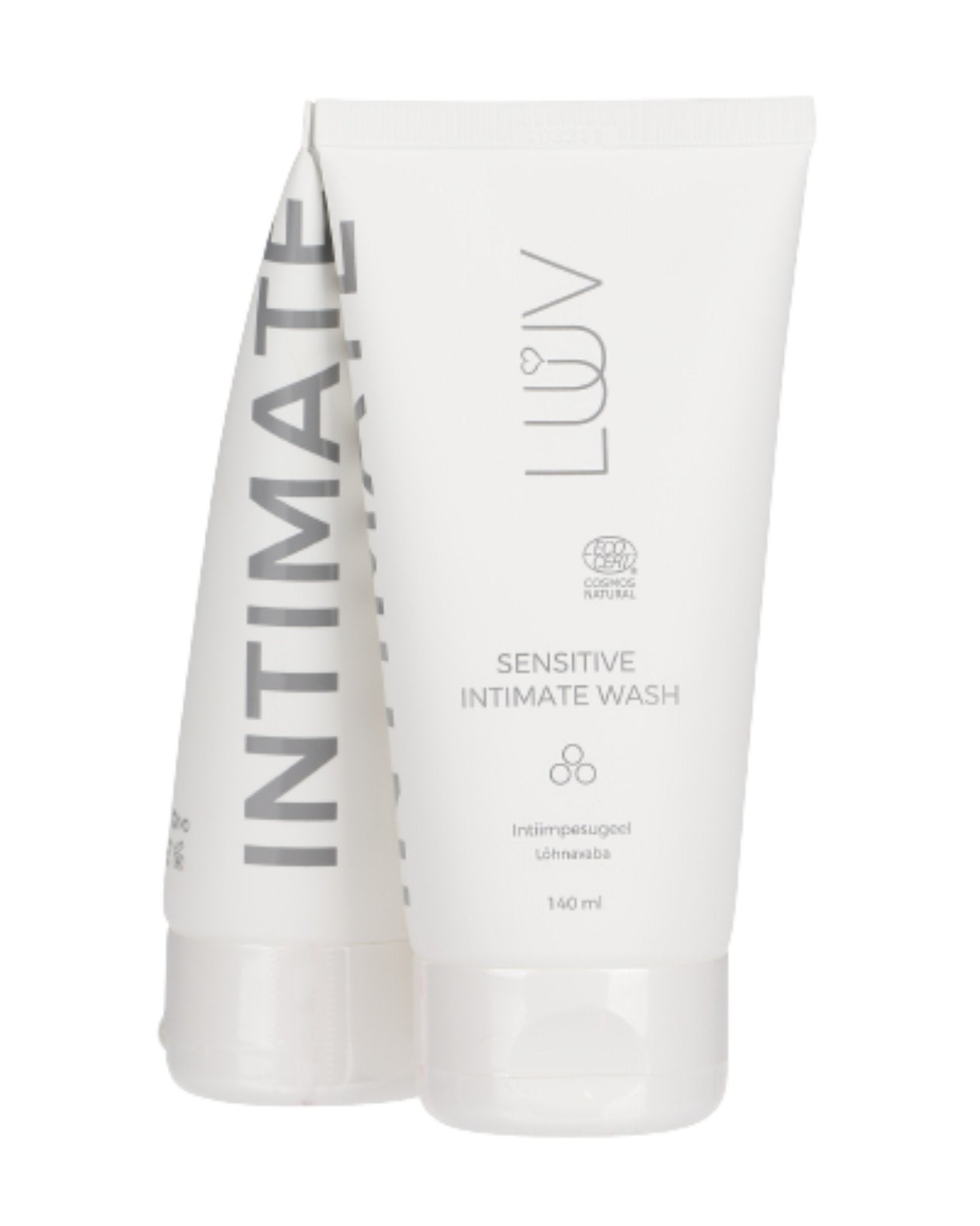 2. LUUV Sensitive Intimate Wash 140ml bottles with white packaging and brand logo on a clean white background