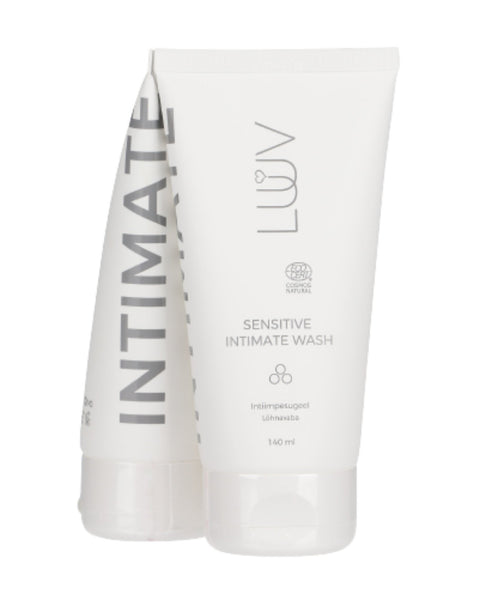 2. LUUV Sensitive Intimate Wash 140ml bottles with white packaging and brand logo on a clean white background