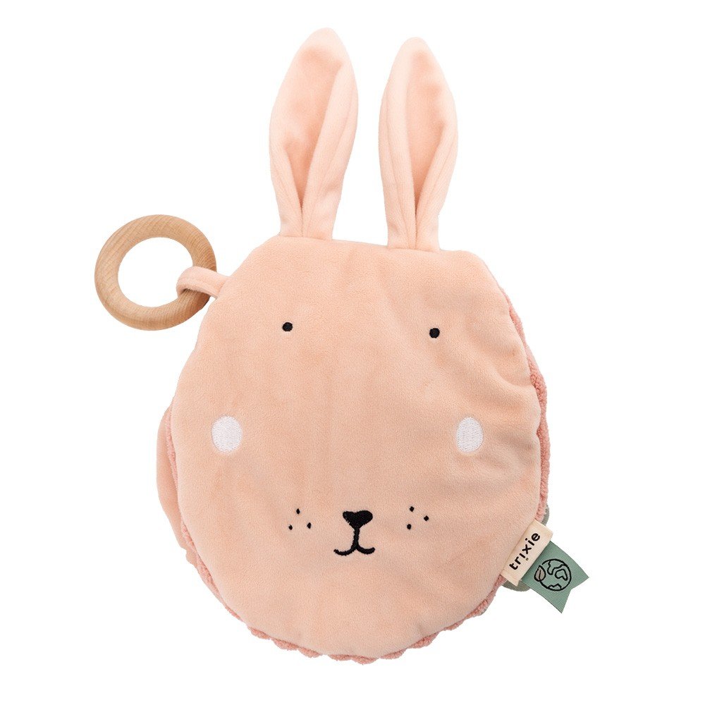 2. Trixie Baby Mrs. Rabbit sensory book with soft rabbit face design, wooden ring, and playful elements on a white background