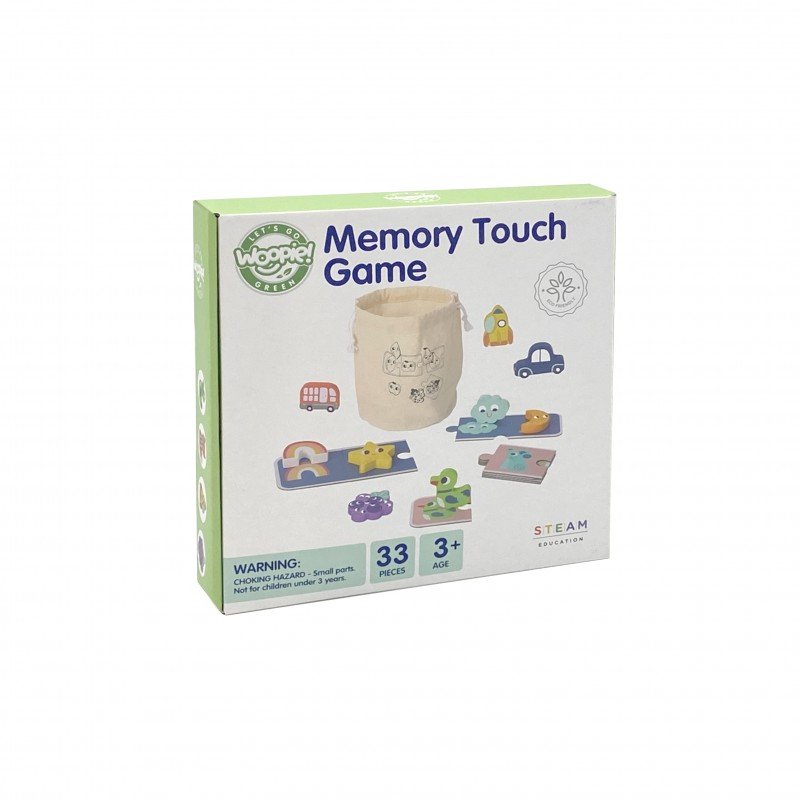 3. Box of Woopie Green Memory Touch Game showing 33-piece set for ages 3 and up with colorful shapes