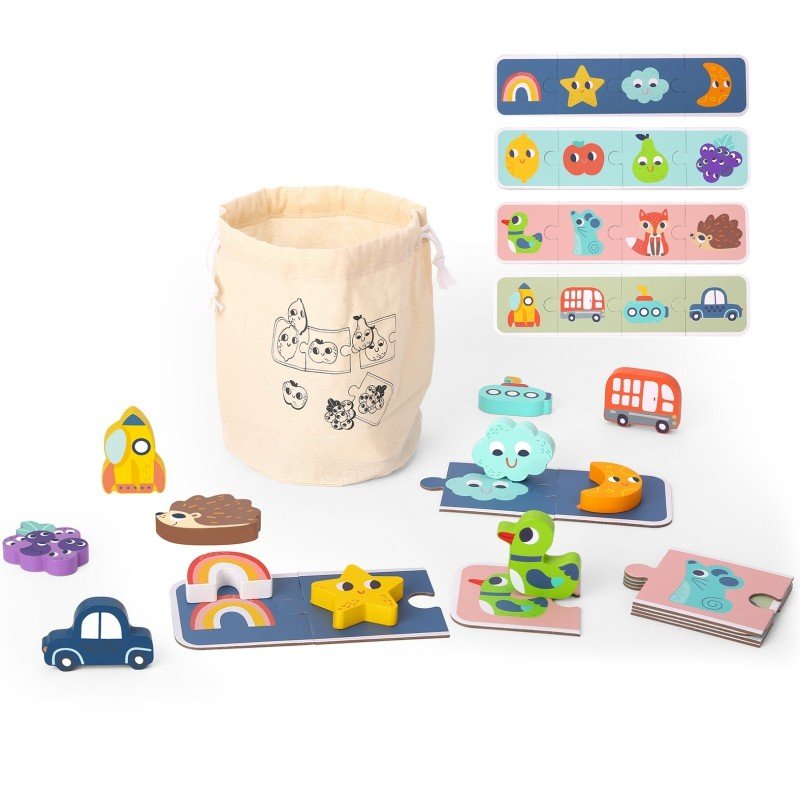 5. Woopie Green sensory puzzle set with drawstring bag and colorful shape tiles on white background