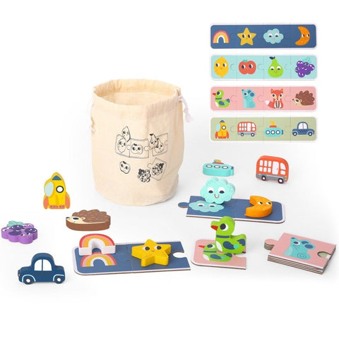 5. Woopie Green sensory puzzle set with drawstring bag and colorful shape tiles on white background