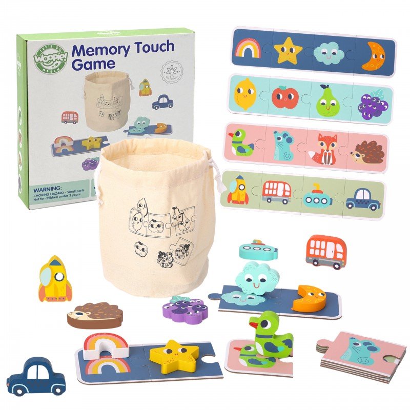 2. Woopie Green sensory puzzle set with box, drawstring bag, and colorful shape tiles displayed on white background