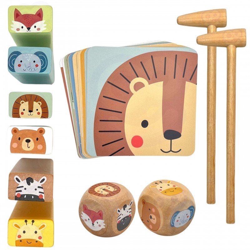 6. Close-up of Shaky Tower game components including animal cards, dice, and wooden hammers