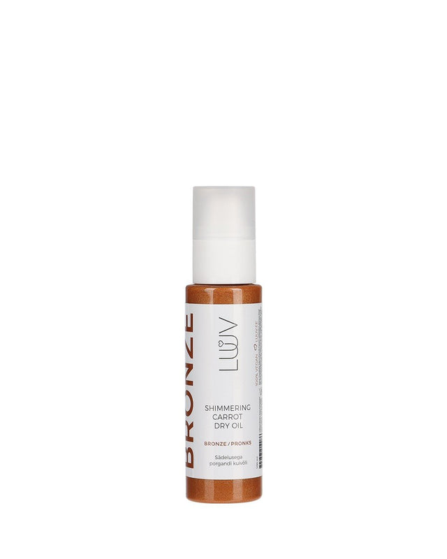5. Studio image of LUUV Shimmering Carrot Dry Oil Bronze bottle, white background
