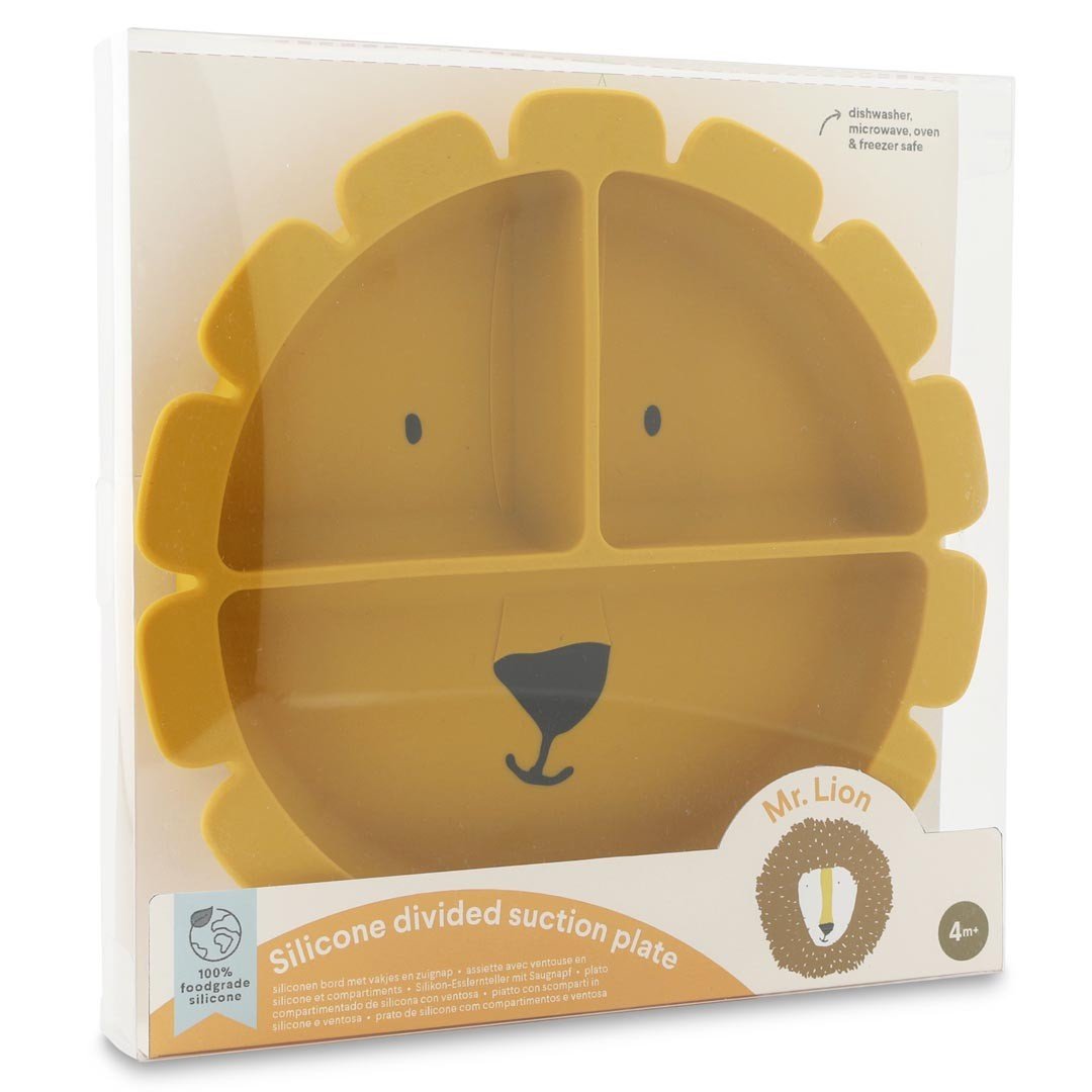 4. Packaged yellow lion-shaped silicone plate with product details and age recommendation