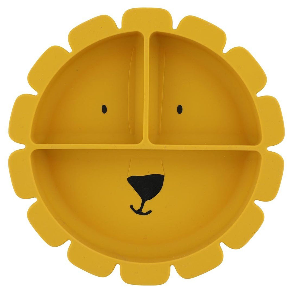 2. Front view of yellow lion-shaped silicone plate with divided compartments
