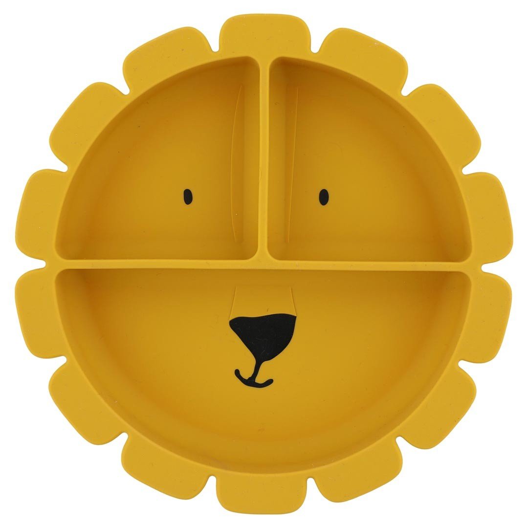 2. Front view of yellow lion-shaped silicone plate with divided compartments