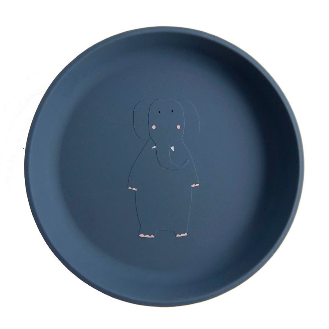 2. Blue silicone plate with elephant design by Trixie Baby, shown on a white background