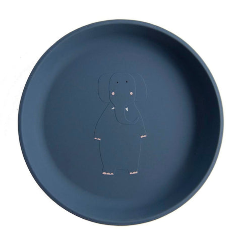 2. Blue silicone plate with elephant design by Trixie Baby, shown on a white background