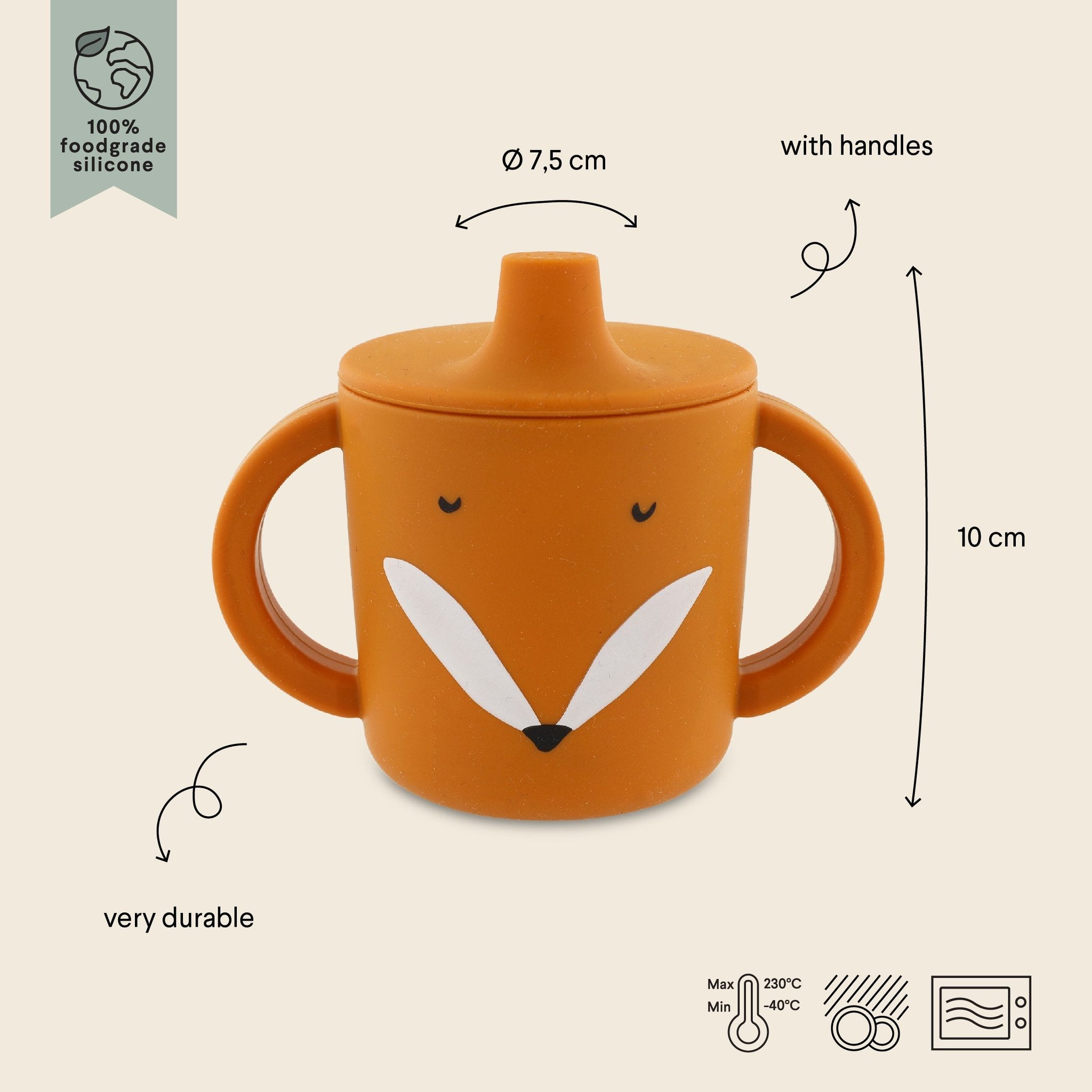 5. Size chart for Mr. Fox silicone sippy cup showing dimensions and material details