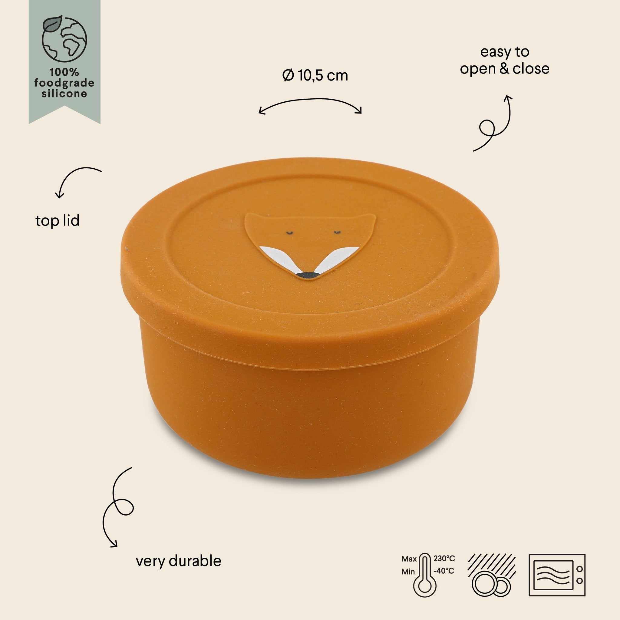 4. Orange silicone snack container with fox design, labeled features and dimensions, by Trixie Baby
