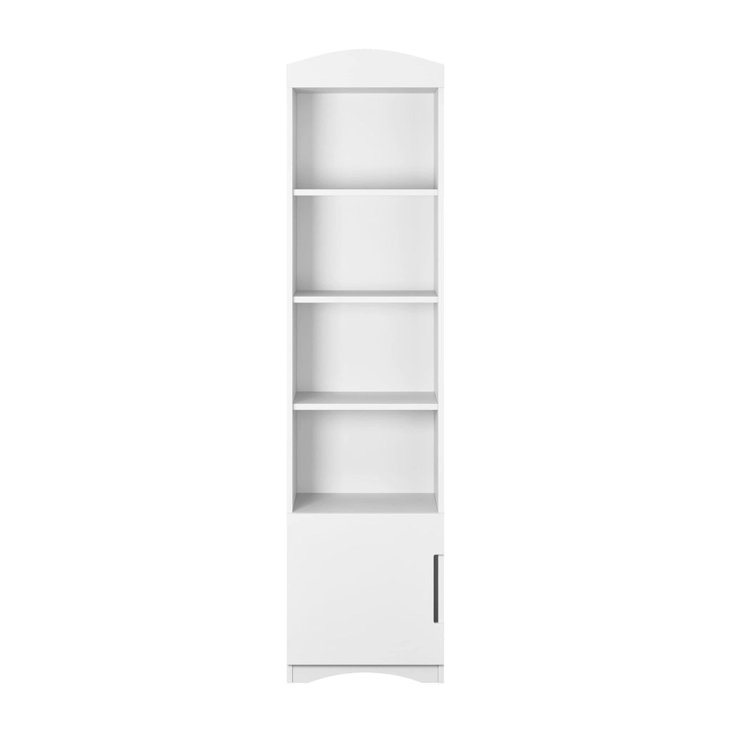2. White single bookshelf with four open shelves and one closed compartment, shown in studio setting