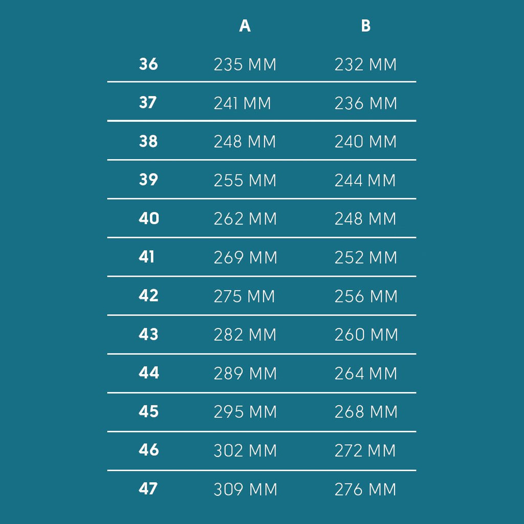 6. Size chart for KIRA 5.0 boots, displaying foot length and width in millimeters
