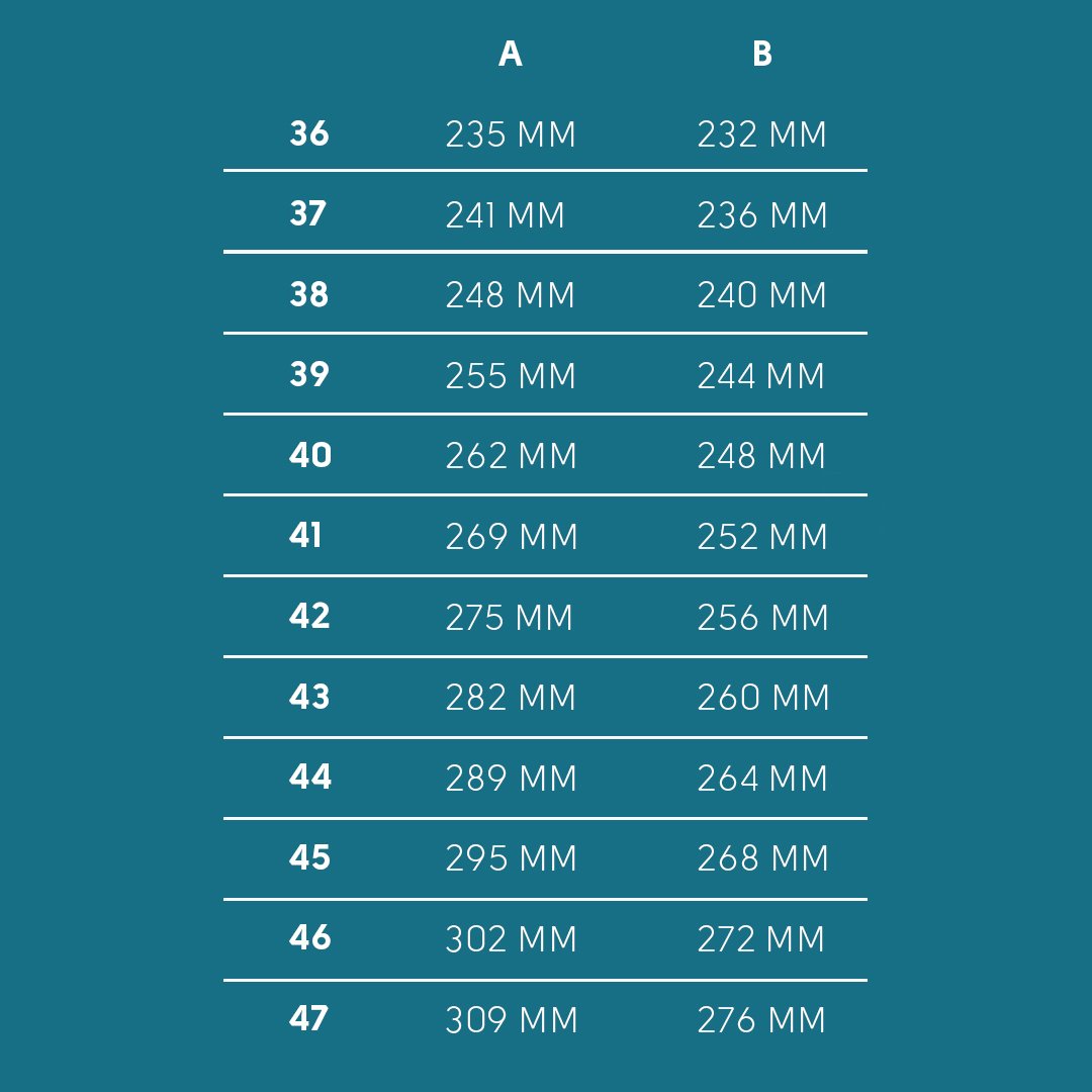6. Size chart for KIRA 5.0 boots, displaying foot length and width in millimeters