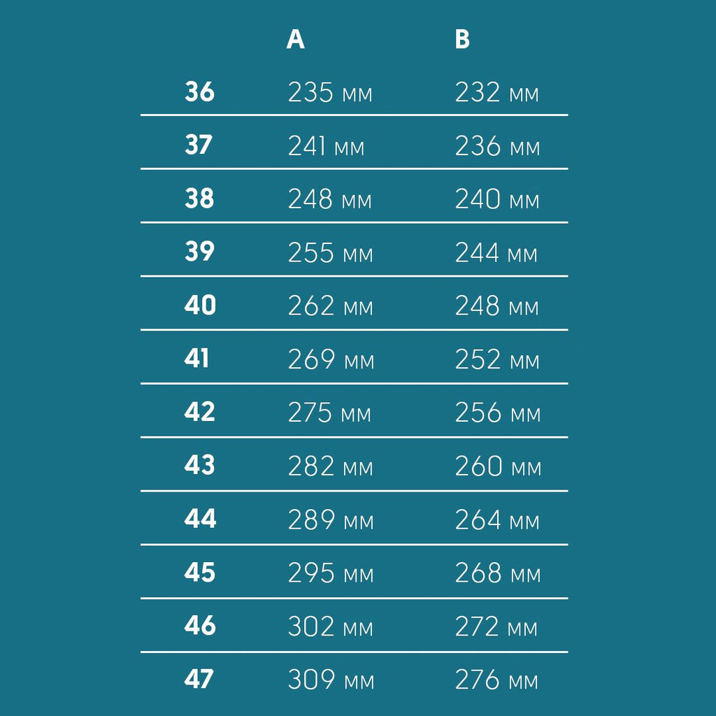 6. Size chart for KIRA 6.0 boots, showing sizes 36 to 47 in millimeters
