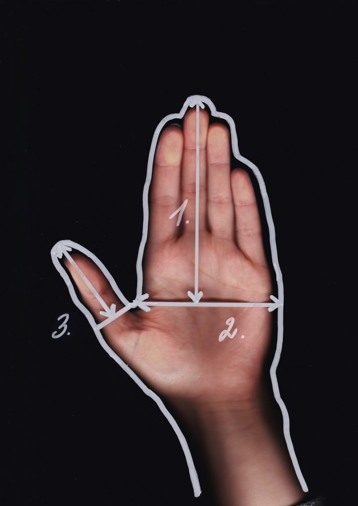 3. Size chart showing hand measurement guide for HERTTA mittens