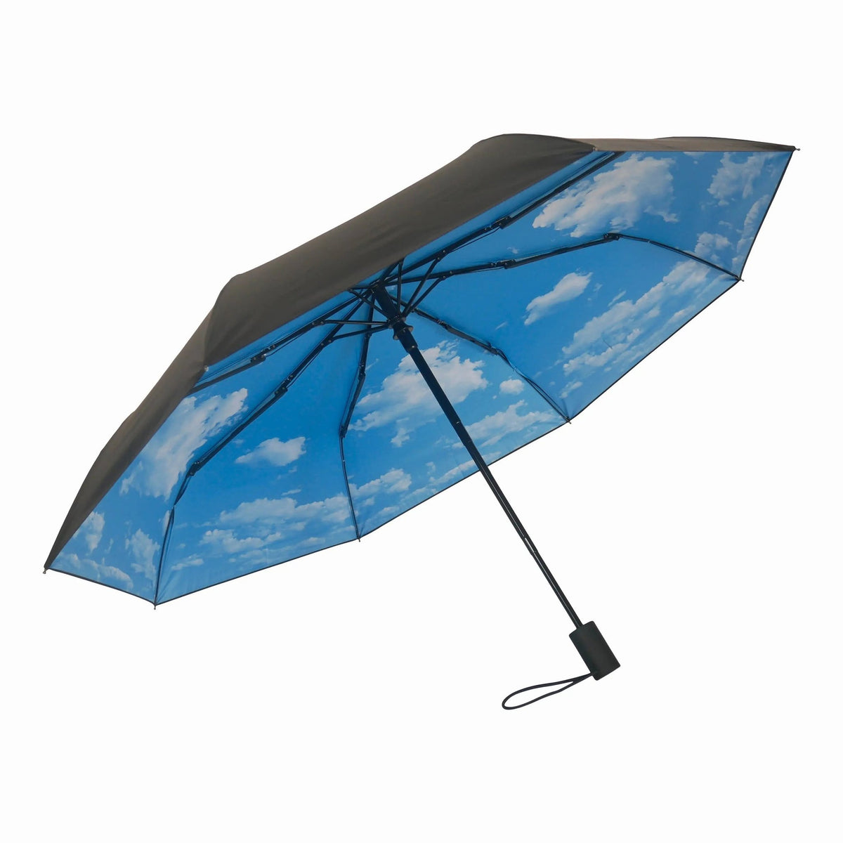 1. Sky Lake umbrella with blue cloud print and black exterior, open with handle visible, showcasing windproof design