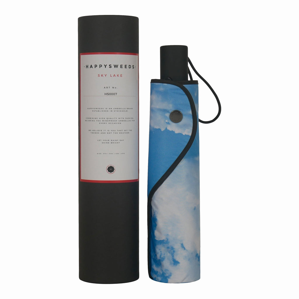 14. Sky Lake umbrella in blue cloud print case with branded packaging, standing upright