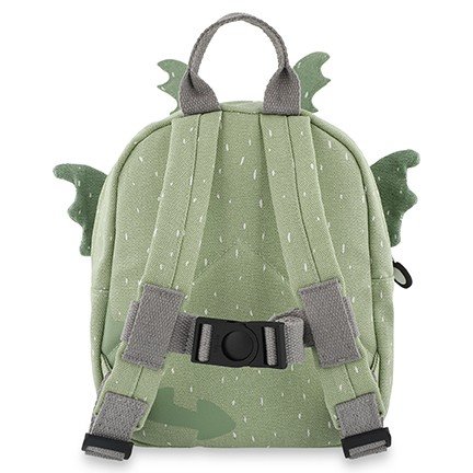 5. Back view of green dragon-themed backpack with adjustable straps and chest strap