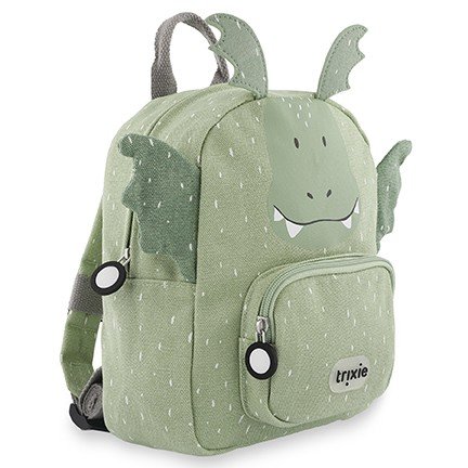 6. Side view of green dragon-themed backpack with front pocket and dragon wings