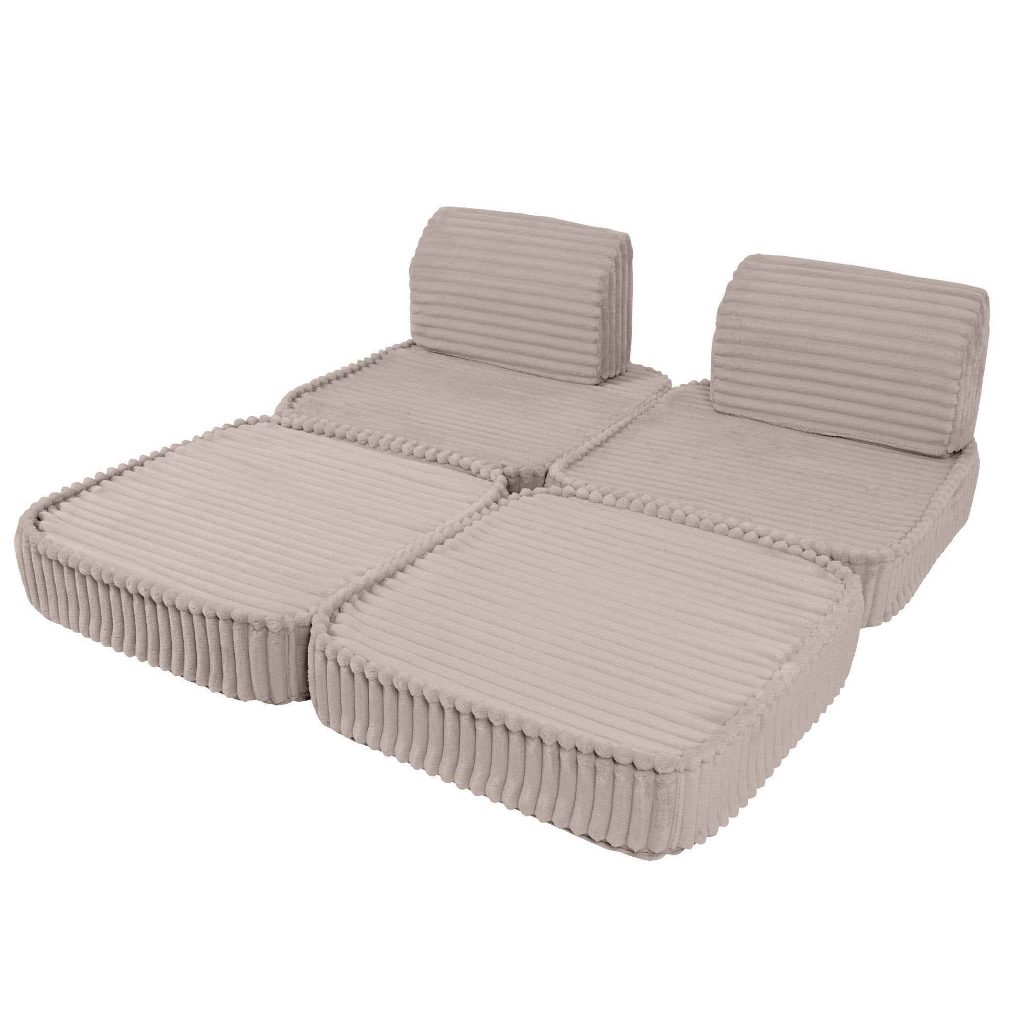 4. Beige modular kids sofa in a flat layout with ribbed corduroy fabric, featuring two backrests and four seat cushions on a white background
