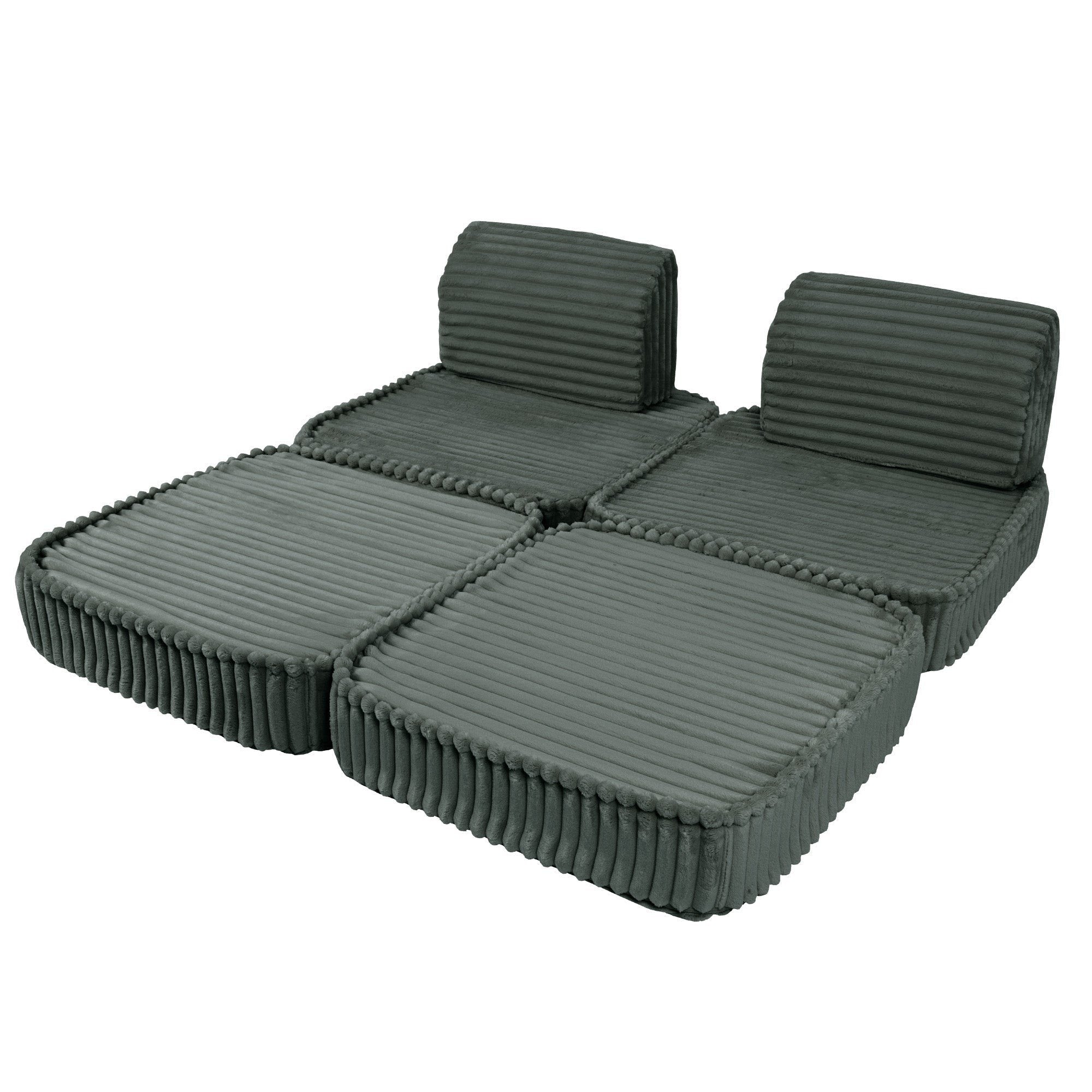 4. Forest green modular kids sofa in corduroy, laid flat to form a double seating area, emphasizing flexibility