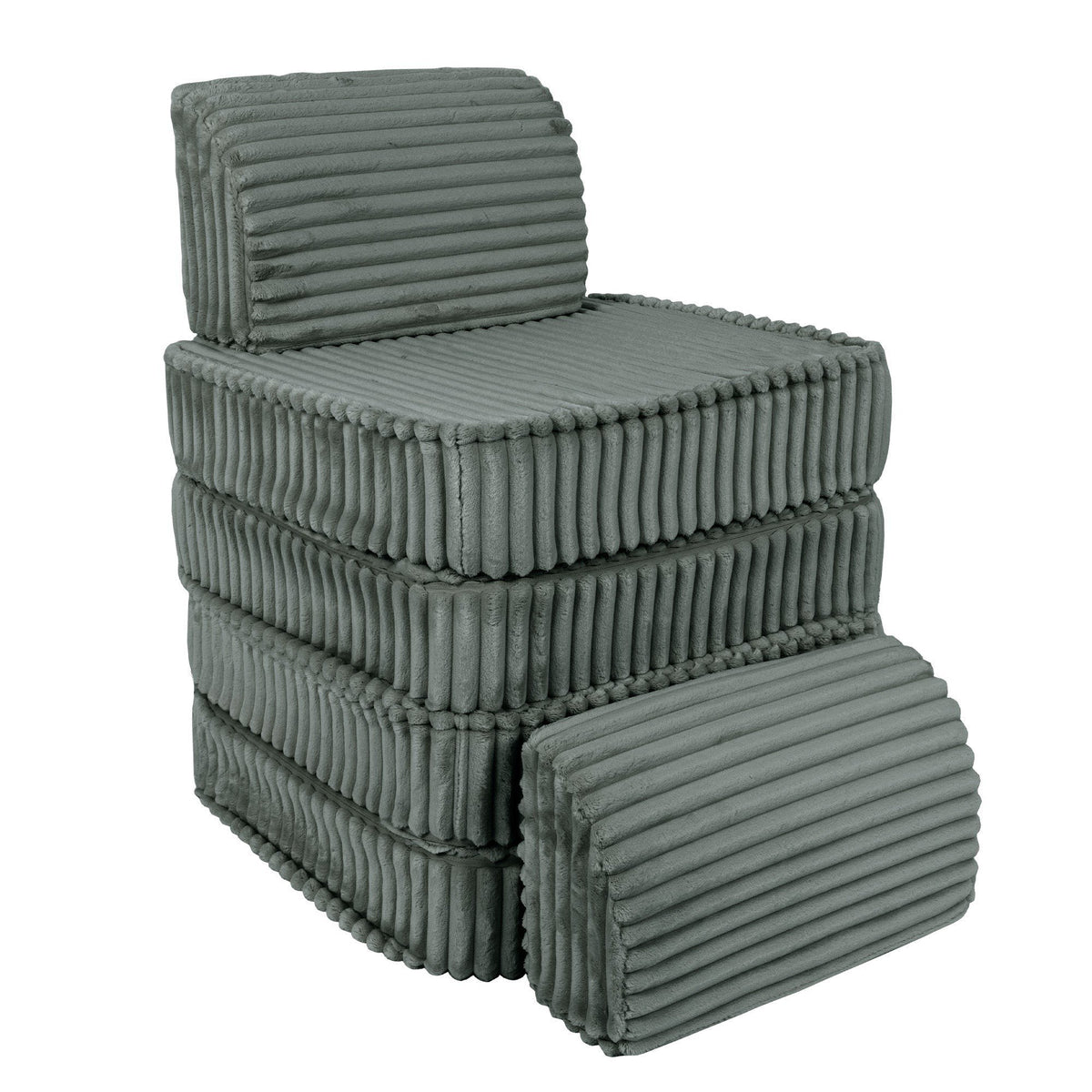 3. Stacked configuration of forest green kids sofa in ribbed corduroy, showcasing compact storage option