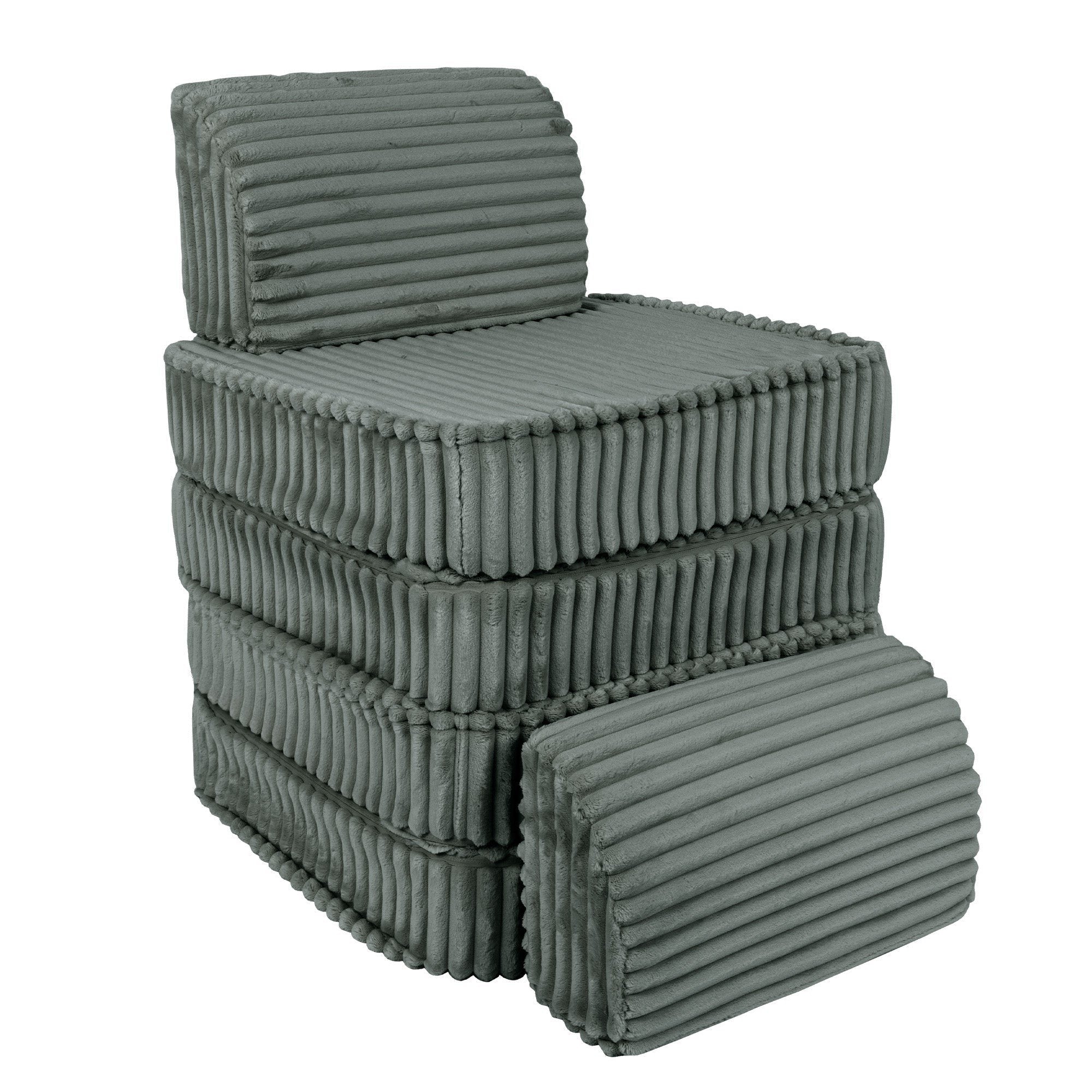 3. Stacked configuration of forest green kids sofa in ribbed corduroy, showcasing compact storage option