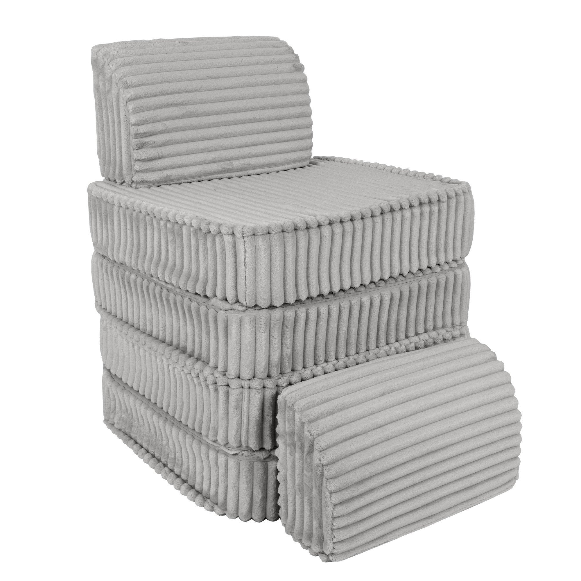 2. Small modular kids sofa in moon grey corduroy, stacked vertically to form a chair with ribbed texture