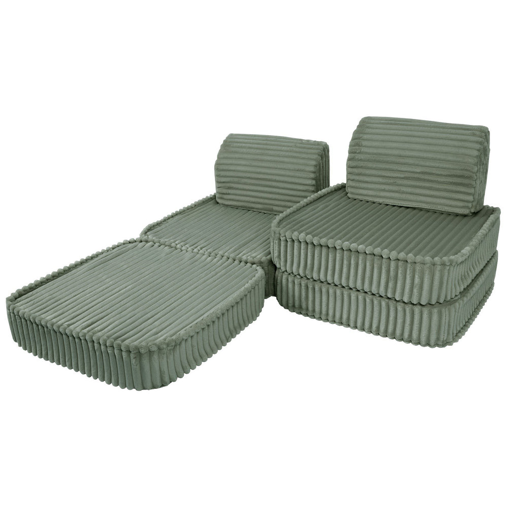 4. Versatile layout of sage green modular kids sofa with ribbed corduroy fabric, featuring one extended and one stacked seat cushion