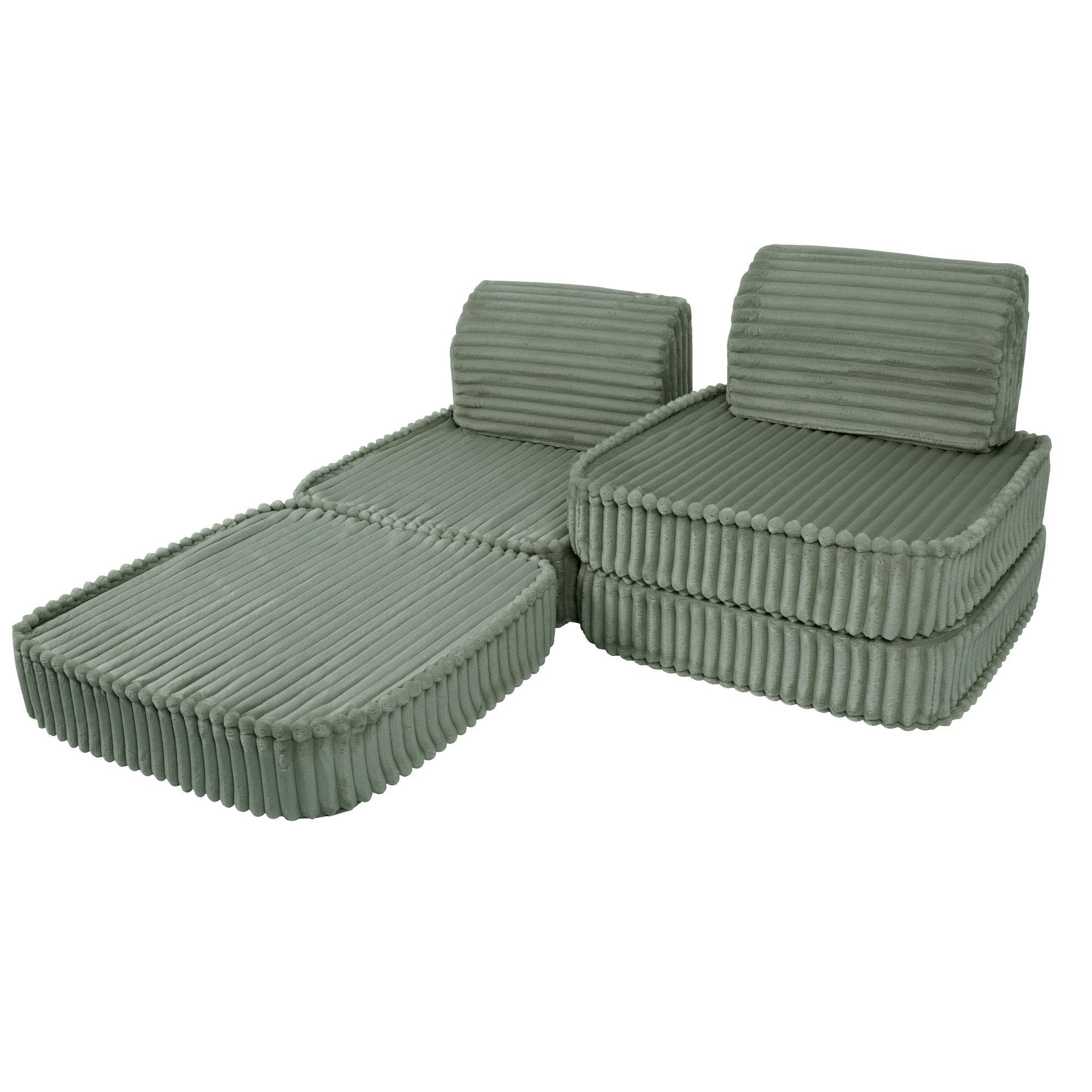 4. Versatile layout of sage green modular kids sofa with ribbed corduroy fabric, featuring one extended and one stacked seat cushion