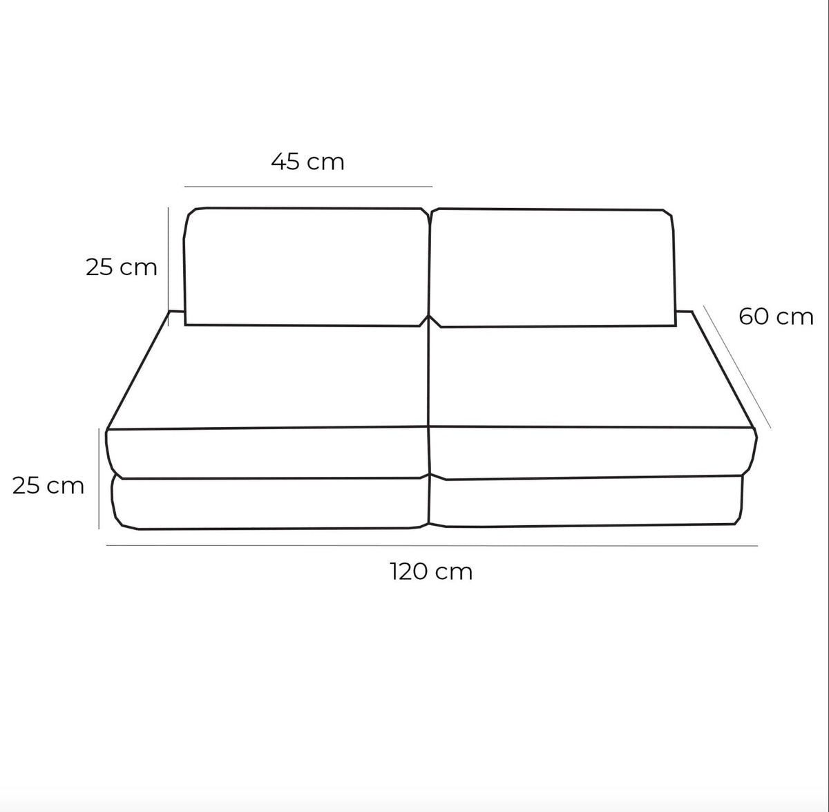 5. Size chart for kids' modular sofa showing dimensions in centimeters