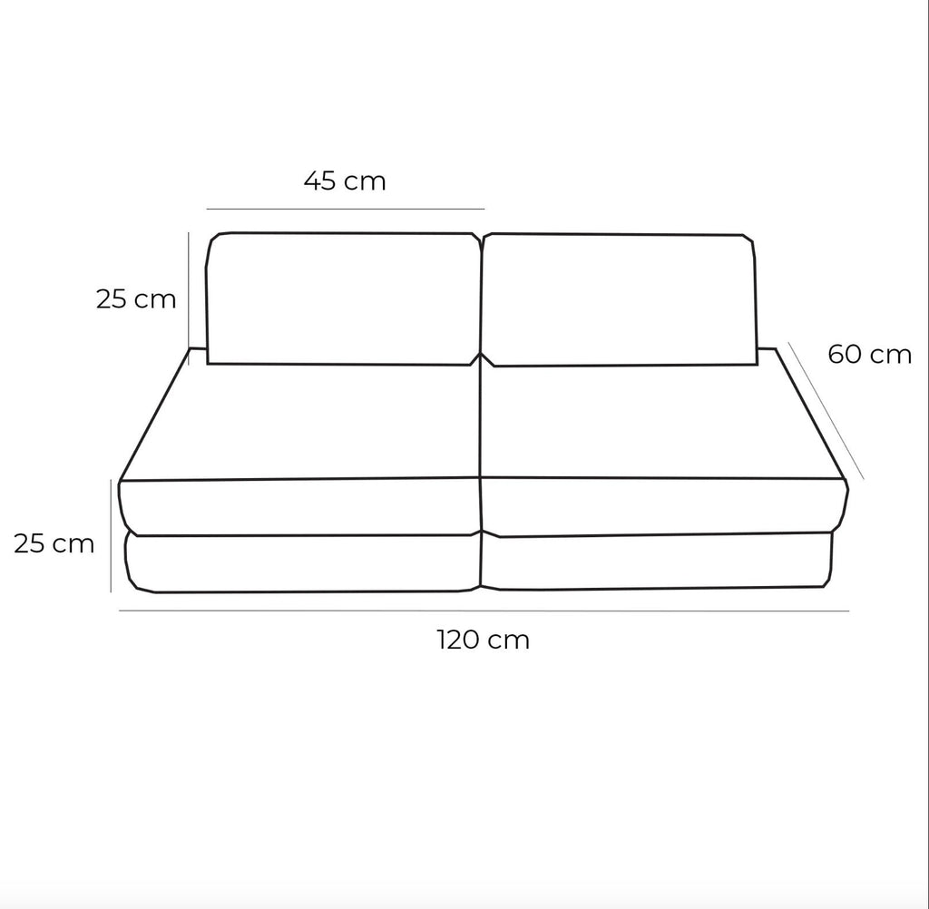 5. Size chart for small modular kids sofa showing dimensions in centimeters, including height, width, and depth