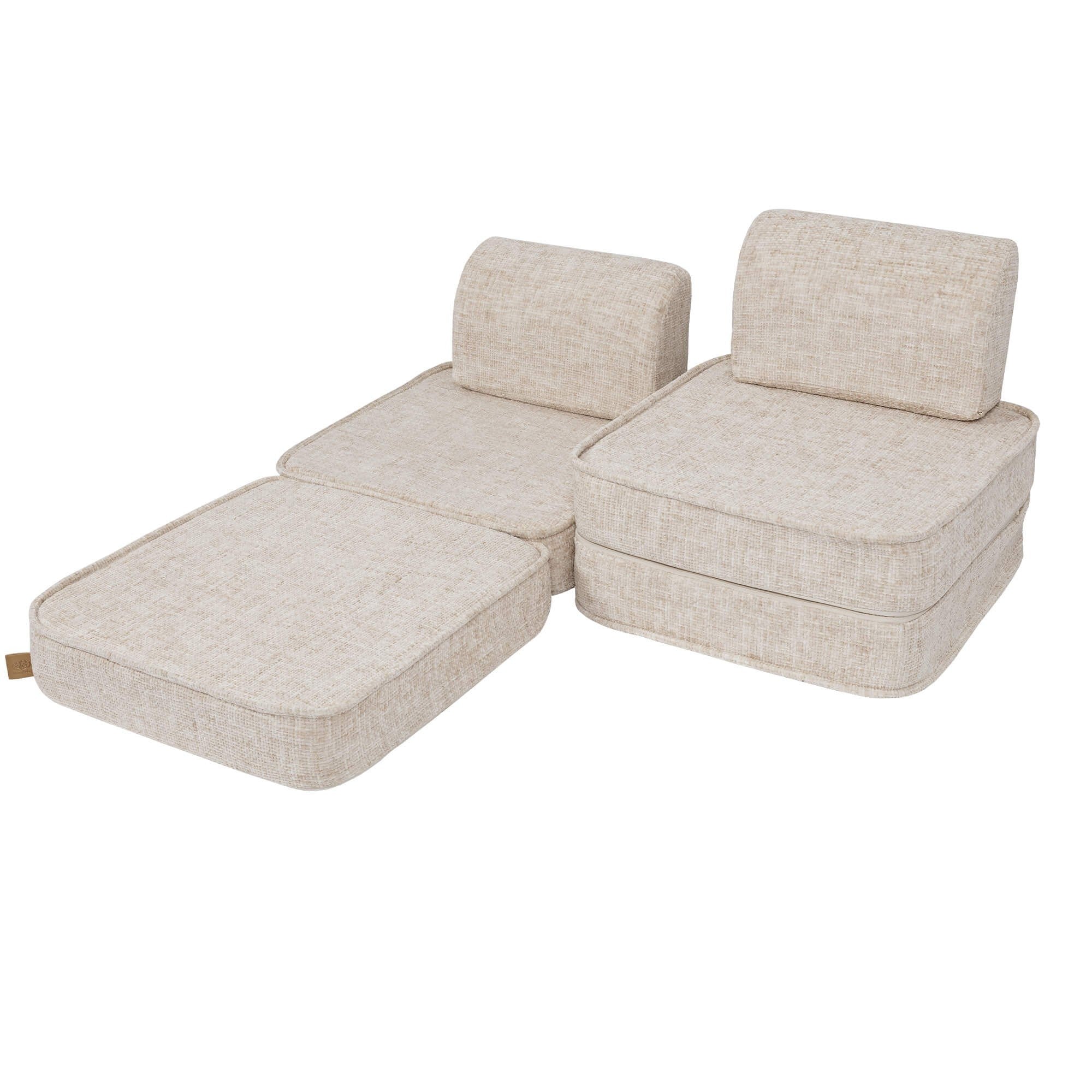 3. Beige modular sofa for kids by MeowBaby with one section extended as a lounger on a white background