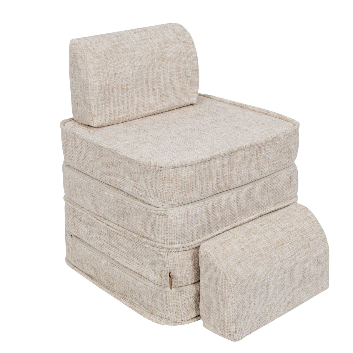 6. Beige modular sofa for kids by MeowBaby stacked into a single chair with a footrest on a white background