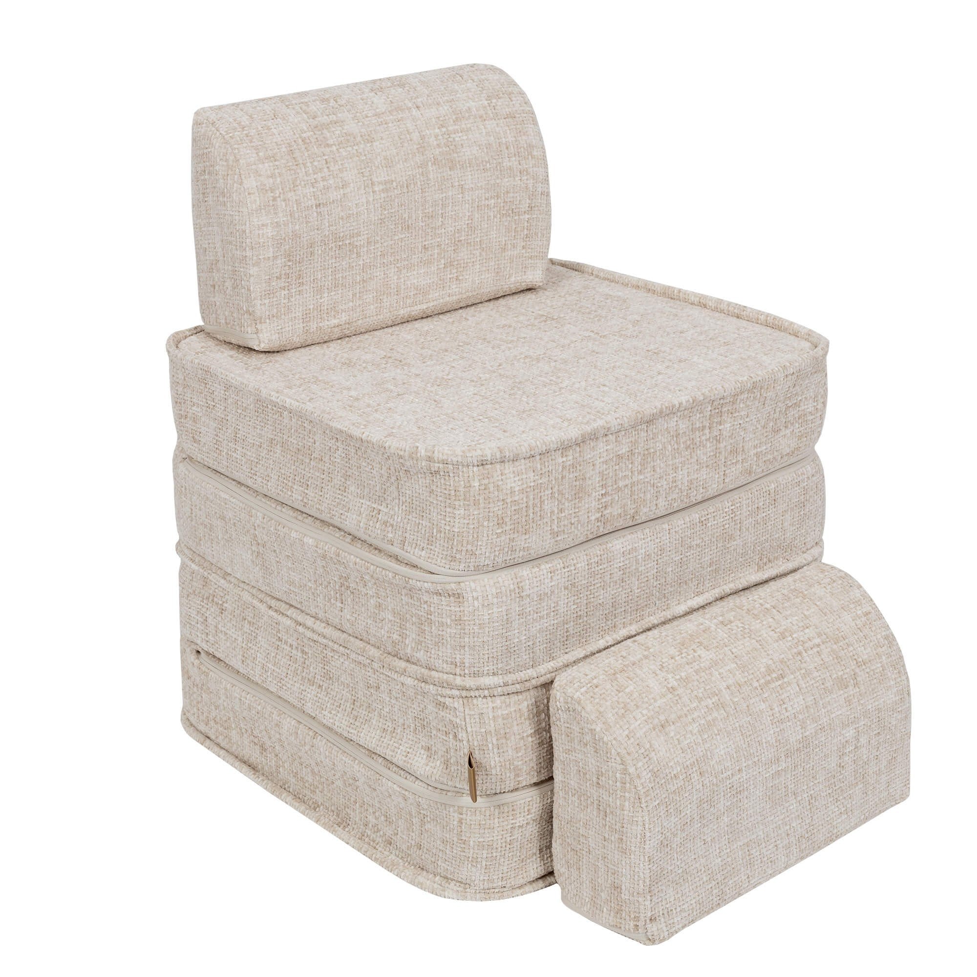 6. Beige modular sofa for kids by MeowBaby stacked into a single chair with a footrest on a white background