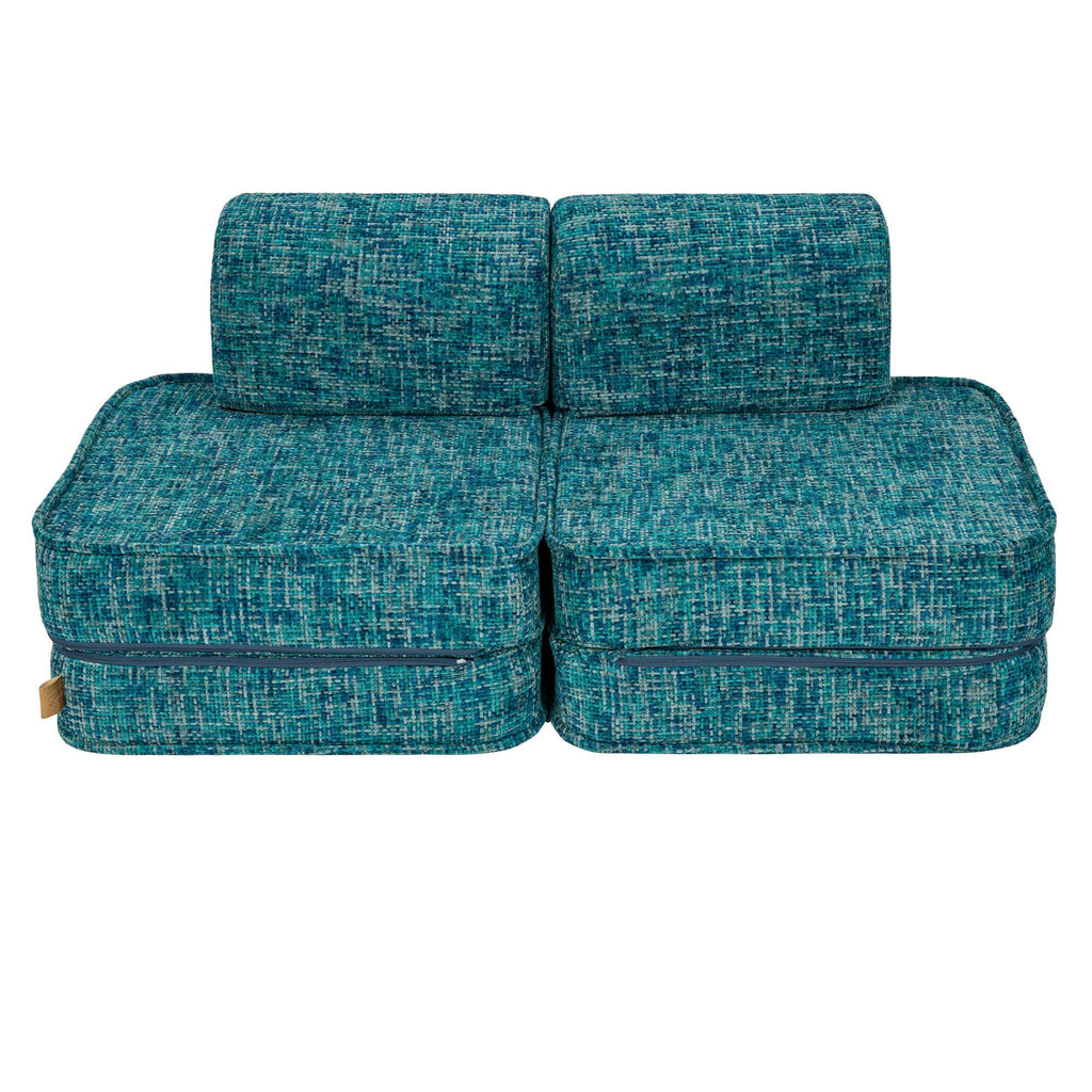 1. Studio shot of MeowBaby small modular sofa for kids in Tangle Lagoon Blue, showing two connected sections with backrests on a white background