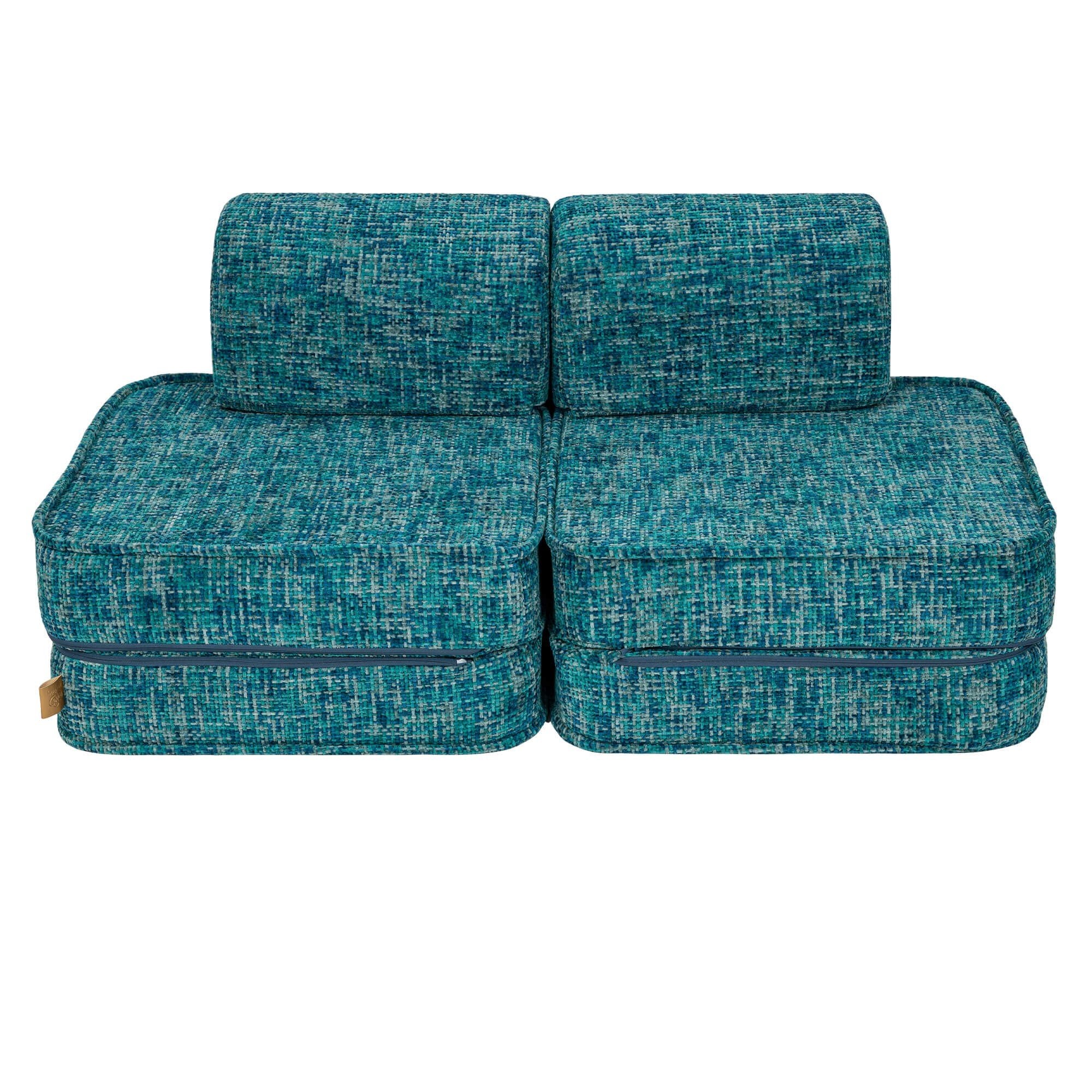 1. Studio shot of MeowBaby small modular sofa for kids in Tangle Lagoon Blue, showing two connected sections with backrests on a white background