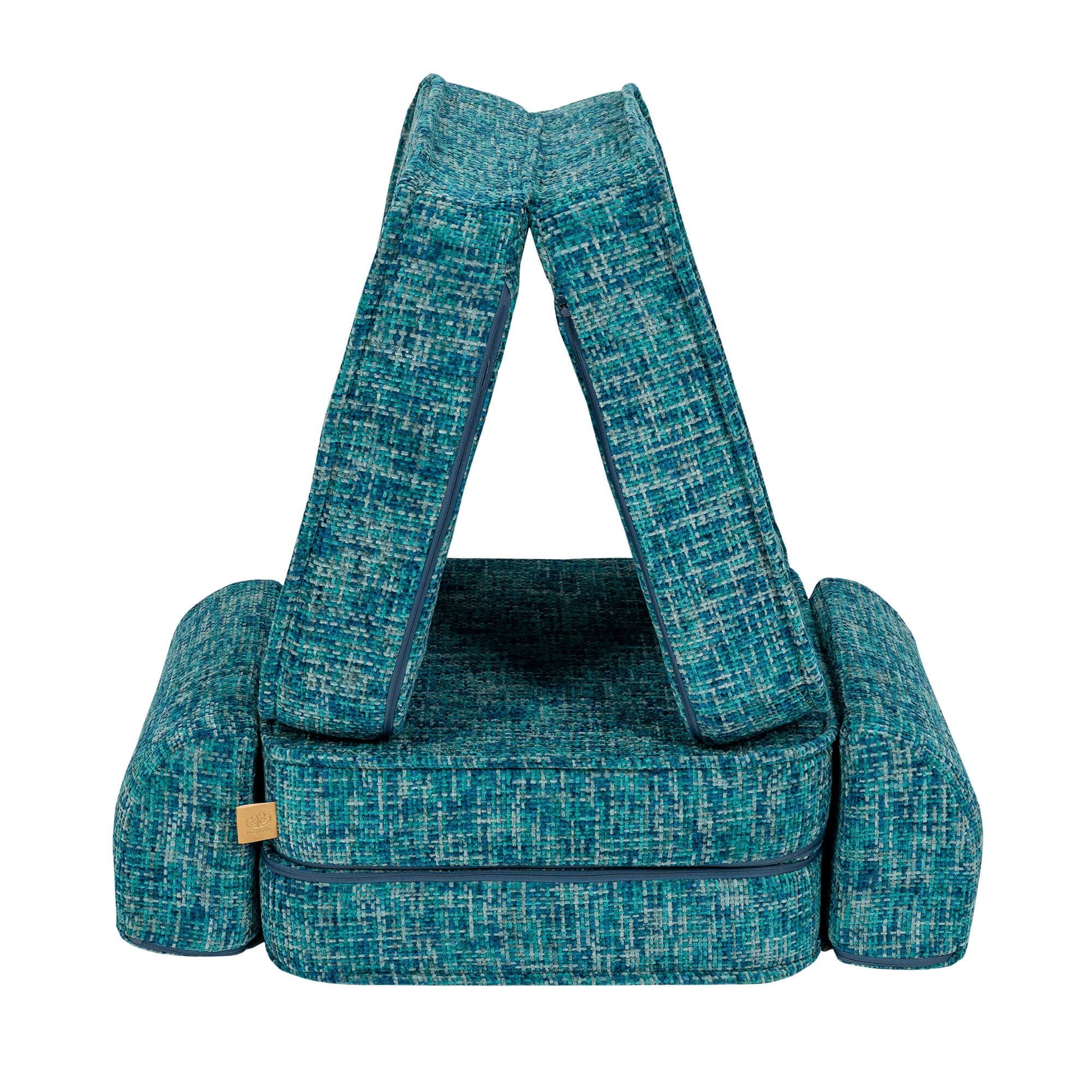 4. MeowBaby small modular sofa for kids in Tangle Lagoon Blue, arranged in a triangular tent-like structure