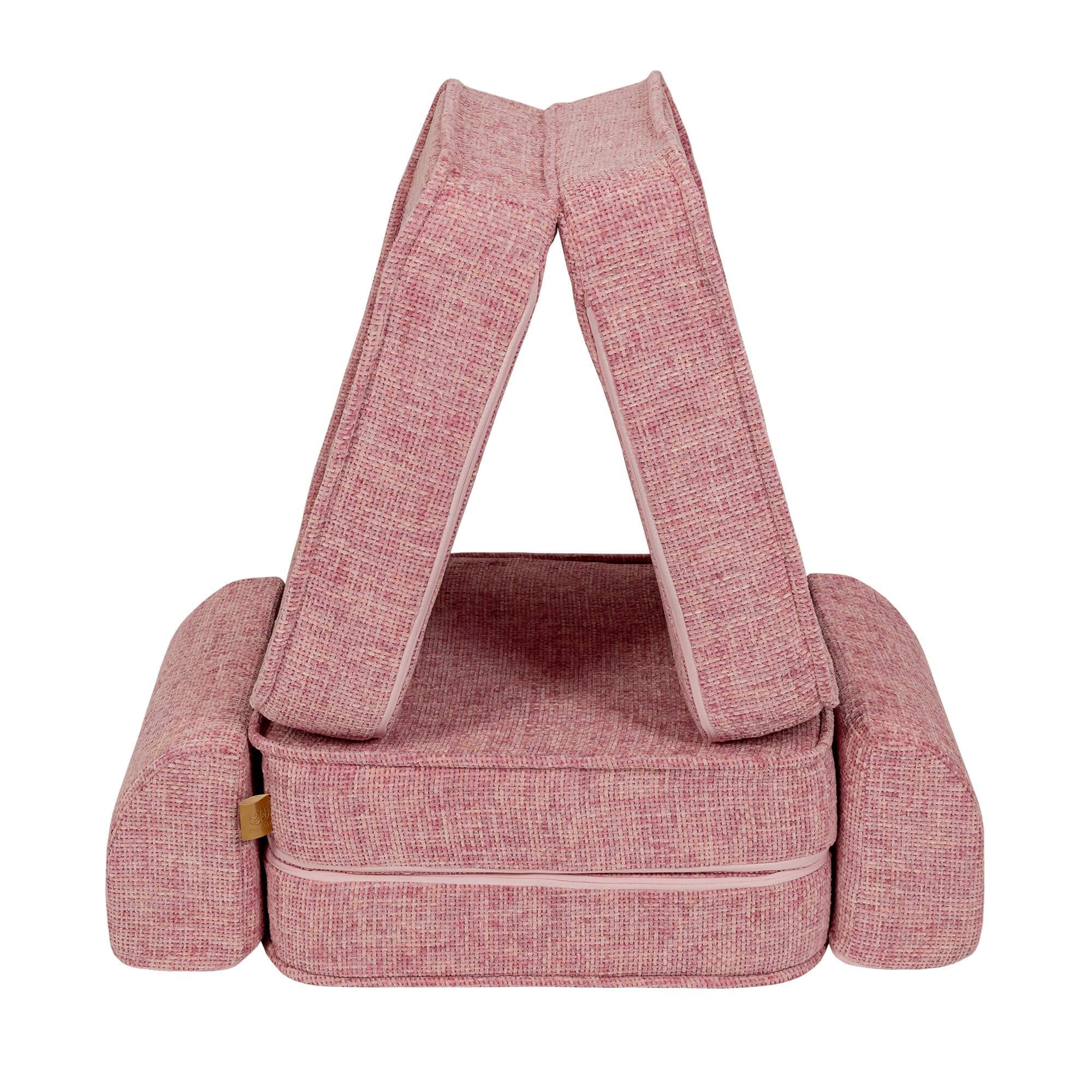4. MeowBaby small modular sofa for kids in bubblegum pink, arranged in a triangular tent shape, on a white background