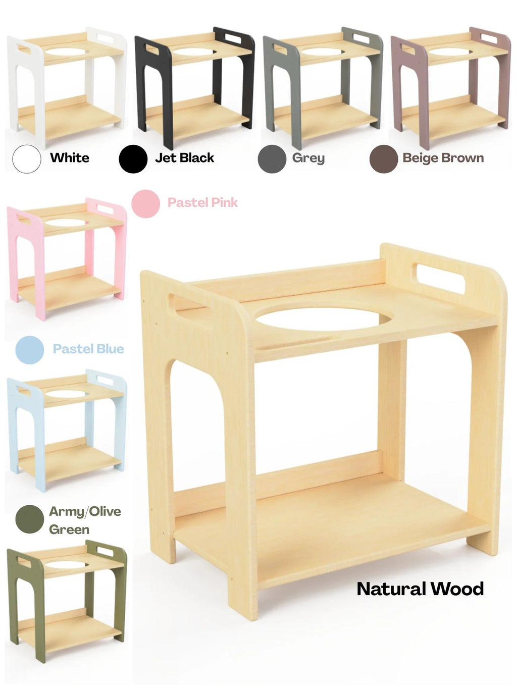 2. Color options for Montessori wash station including white, black, grey, beige, pink, blue, green, and natural wood