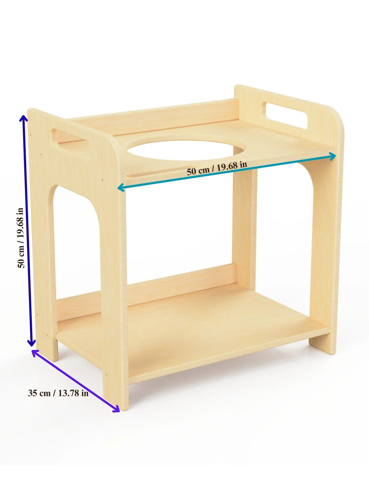 5. Size chart for Montessori wash station showing dimensions in centimeters and inches